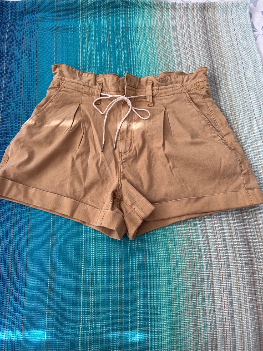 PAIGE High-Waist Carly Self-Tie Pleated Tan Shorts